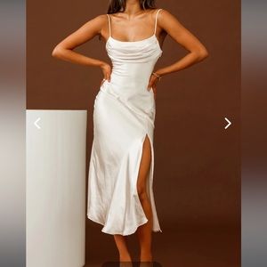 Well Versed Pleated Bust Front Split Dress Champagne from selfie Leslie.